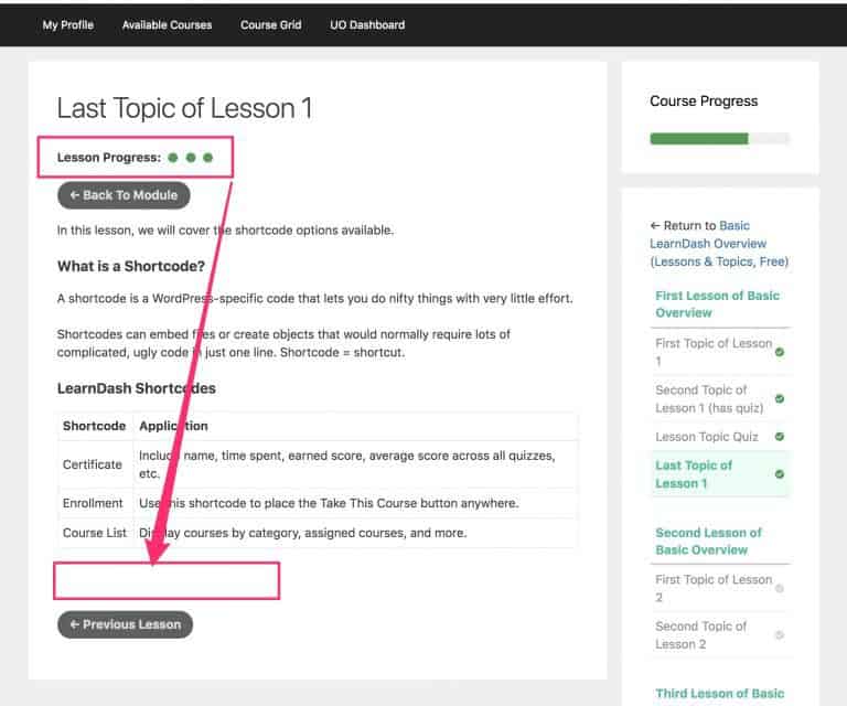 Move LearnDash progress dots below content