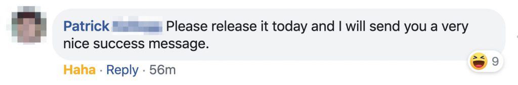 Funny response from Patrick in the FB group
