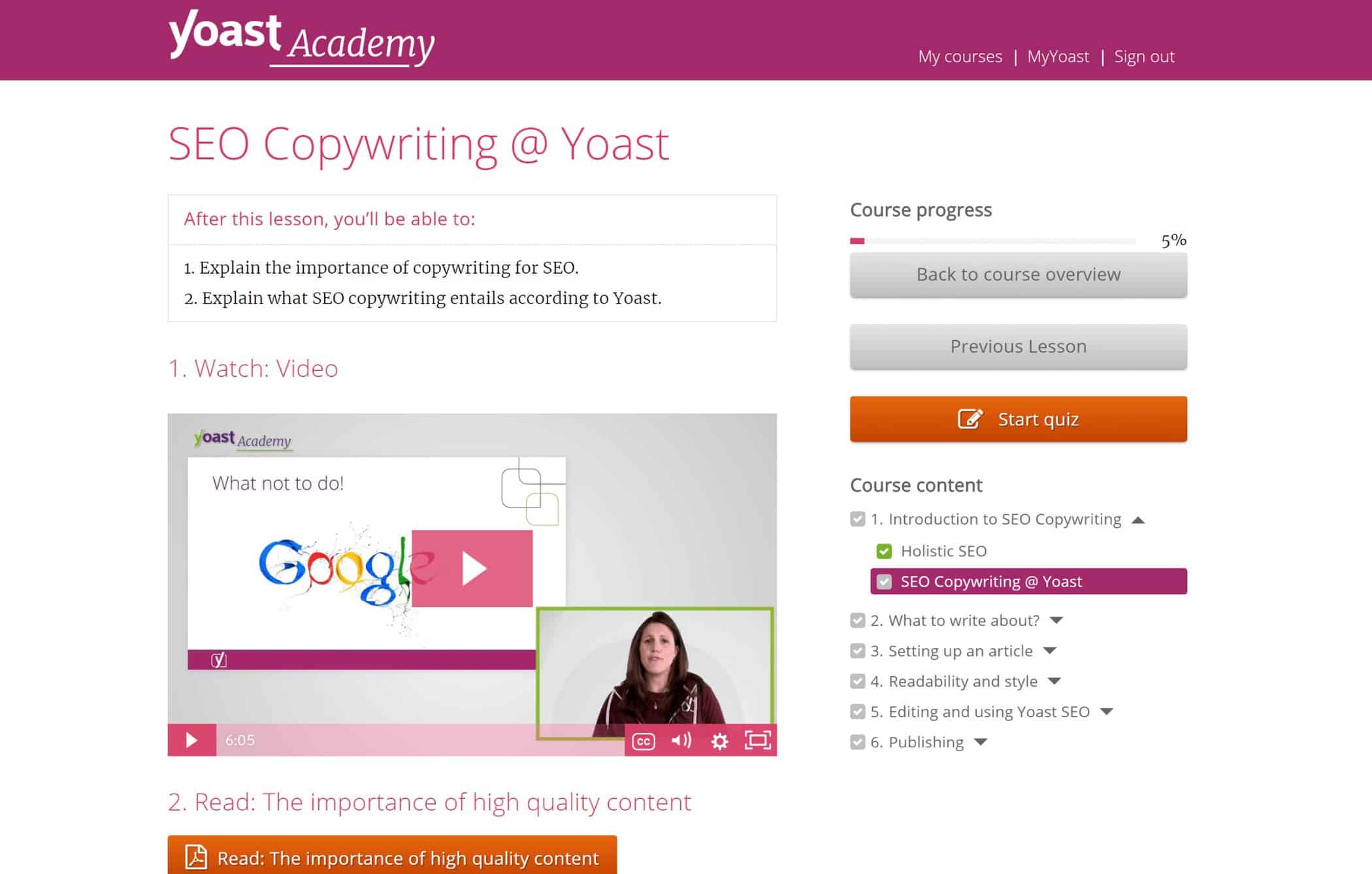 Yoast Academy topic page example