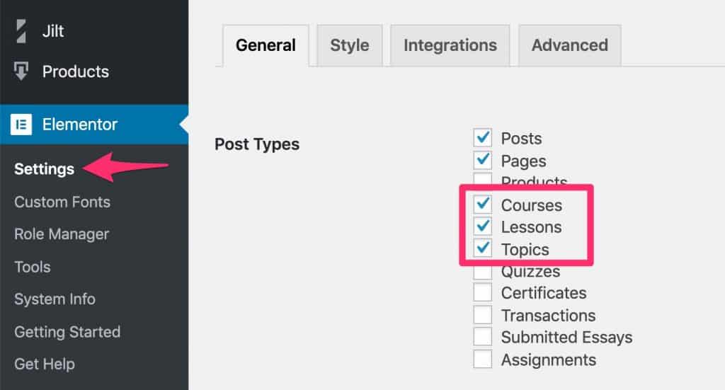 LearnDash post types in Elementor settings