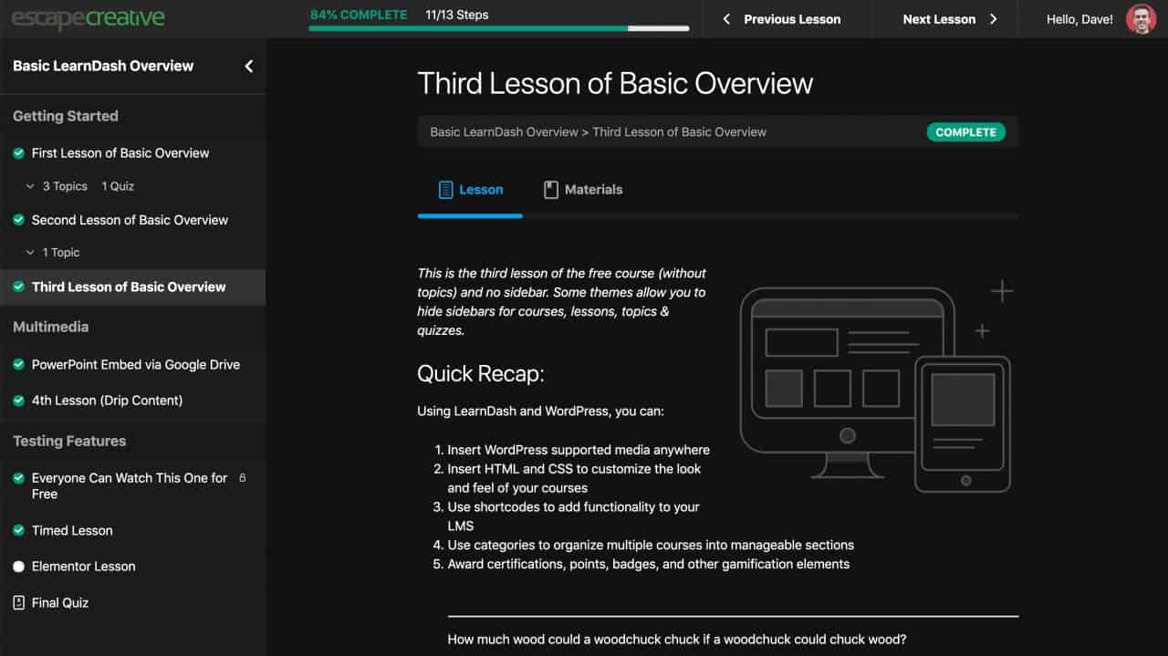 LearnDash focus mode dark mode example