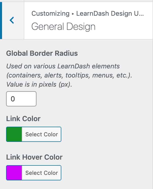 General Design options in Design Upgrade for LearnDash plugin