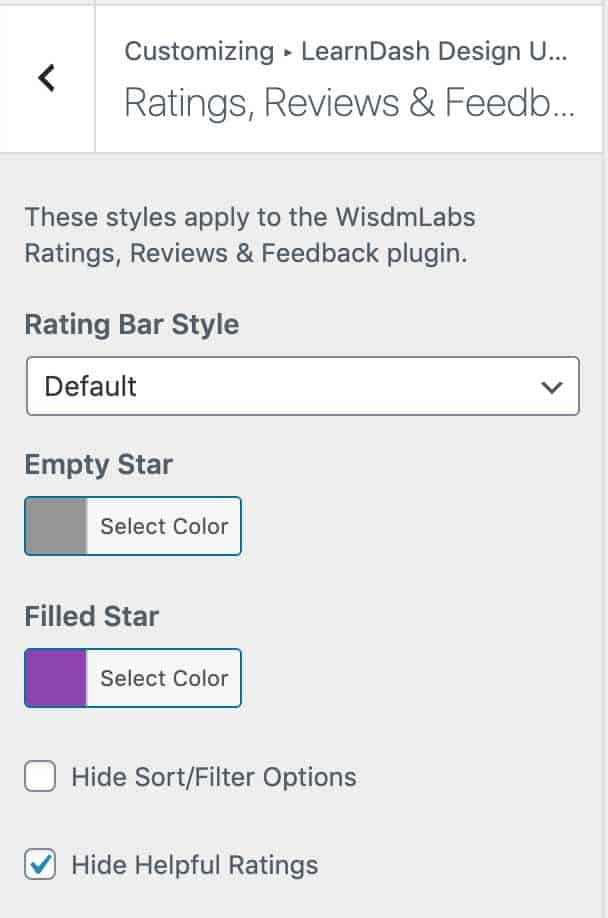 Customizer options in Design Upgrade Pro for WisdmLabs Ratings/Reviews plugin