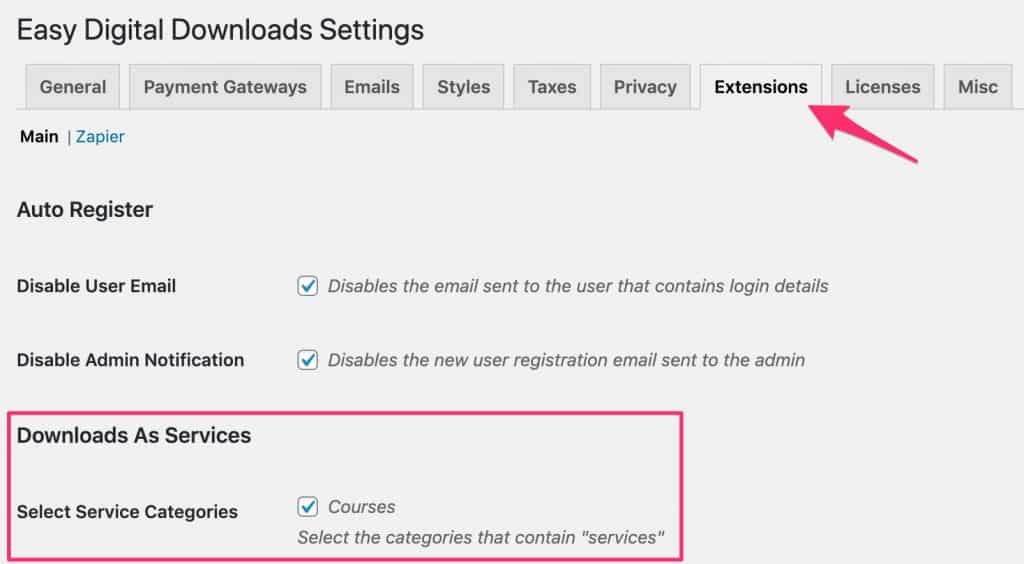 Easy Digital Downloads, set categories as services in admin