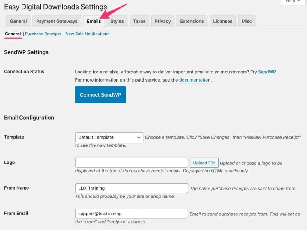 Easy Digital Downloads settings, email tab