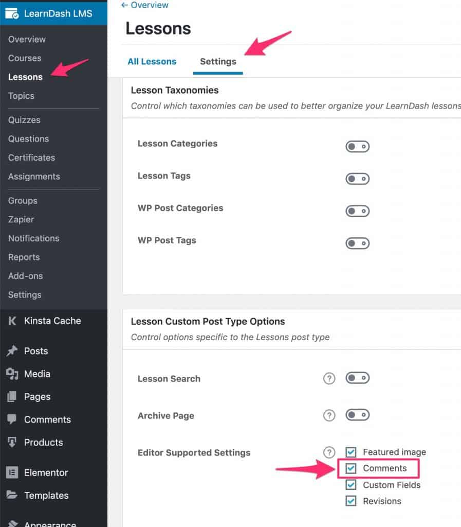 Enable comments for LearnDash lessons