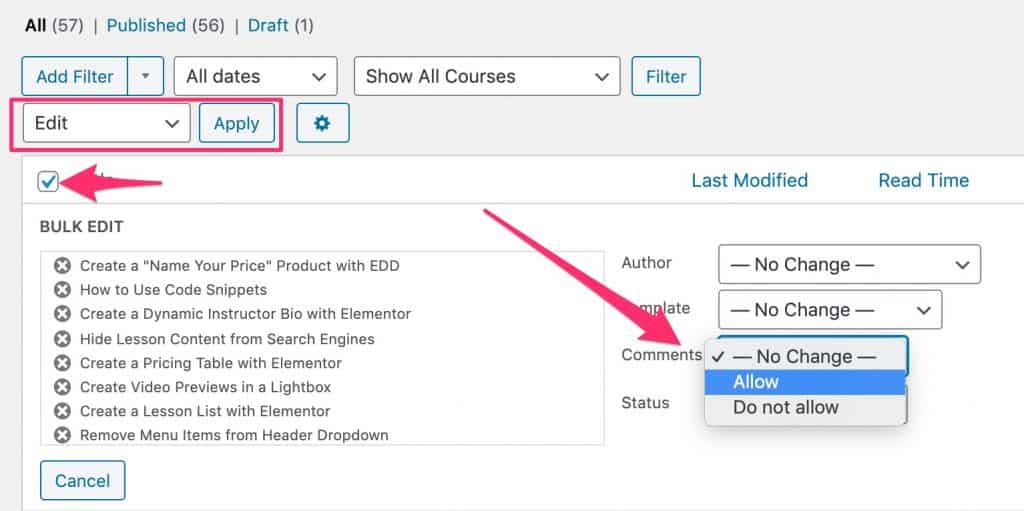 Bulk Edit LearnDash lessons to enable comments