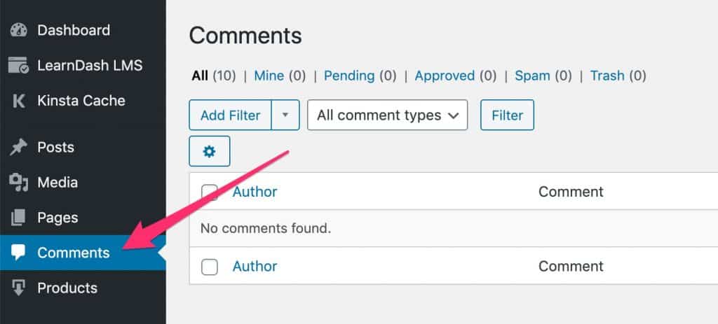 WordPress comments area in wp-admin