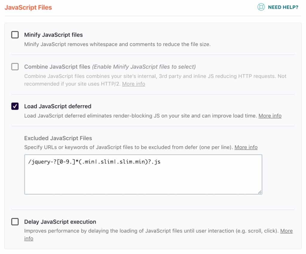 WP Rocket JavaScript file settings for LearnDash