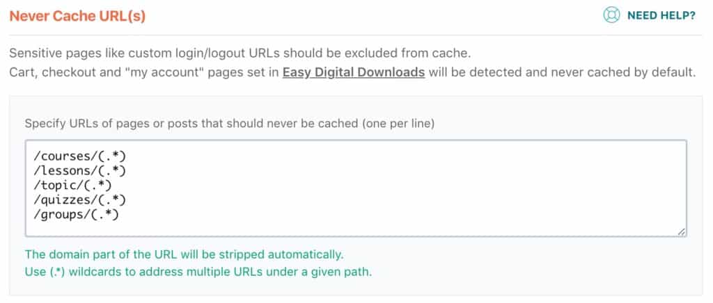 WP Rocket never cache URLs settings for LearnDash