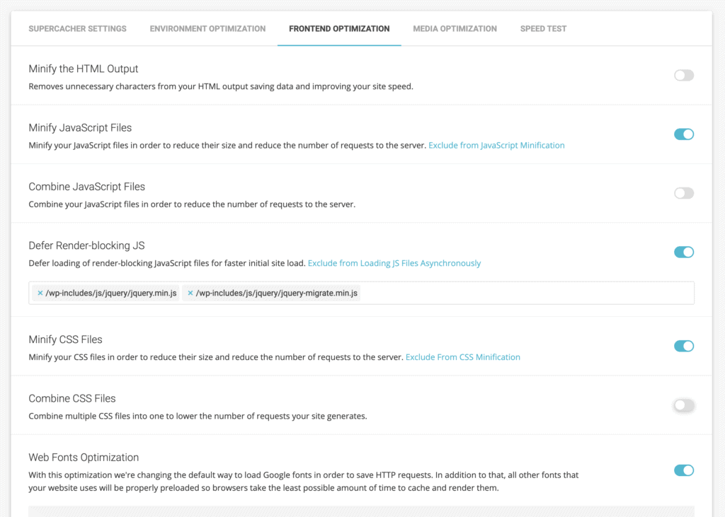 SG Optimizer frontend optimization options