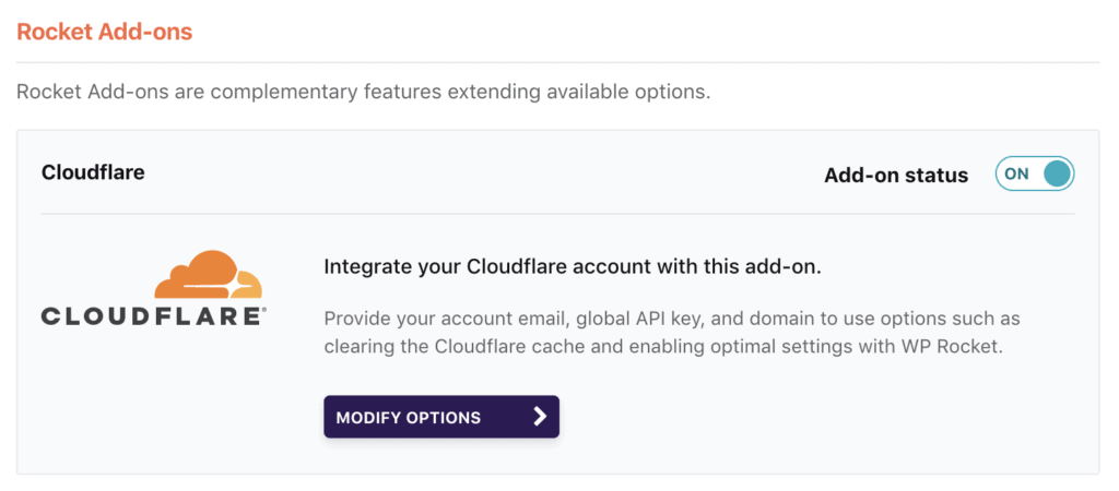 WP Rocket Cloudflare setting enabled in settings