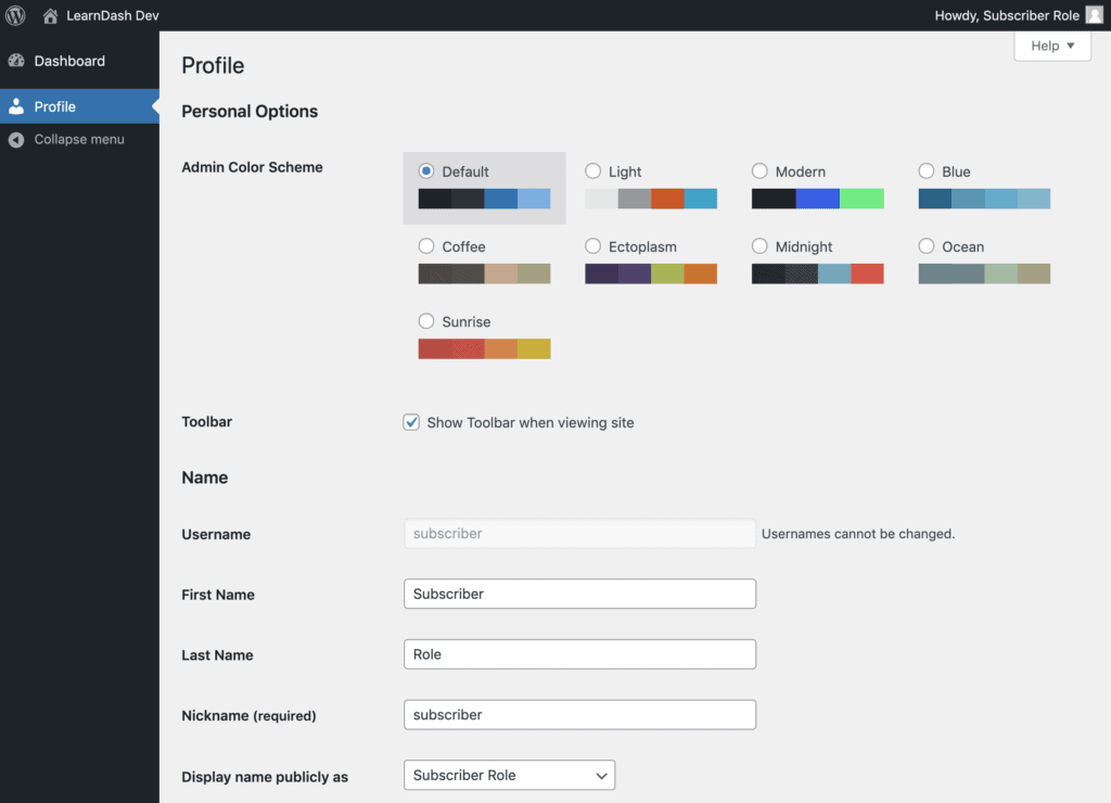 Default WordPress profile page in the admin area