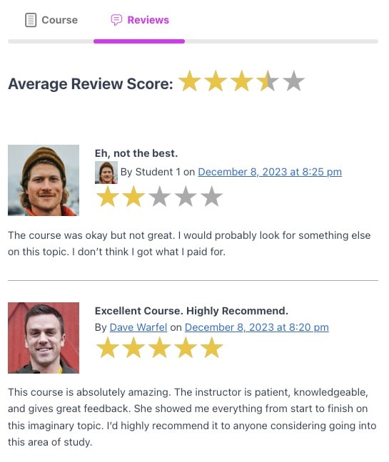 LearnDash course reviews add-on displaying two reviews