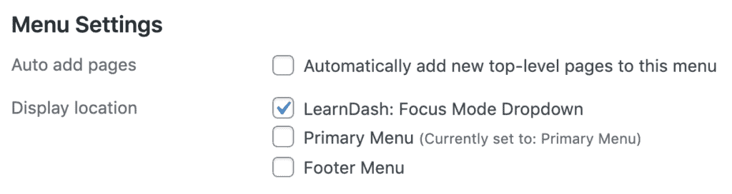 LearnDash focus mode dropdown menu display location