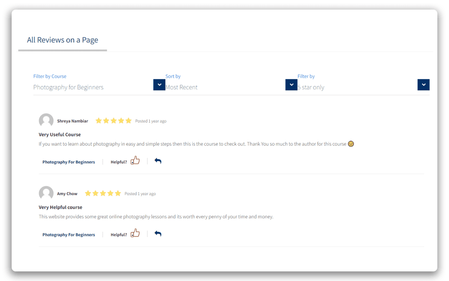 WisdmLabs Ratings plugin, all reviews, sortable/filterable