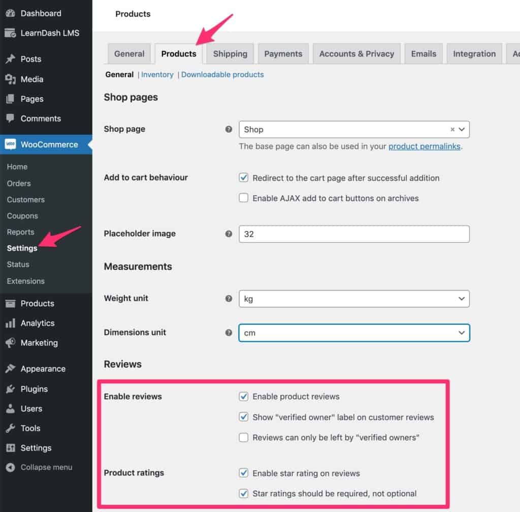 WooCommerce reviews settings in admin