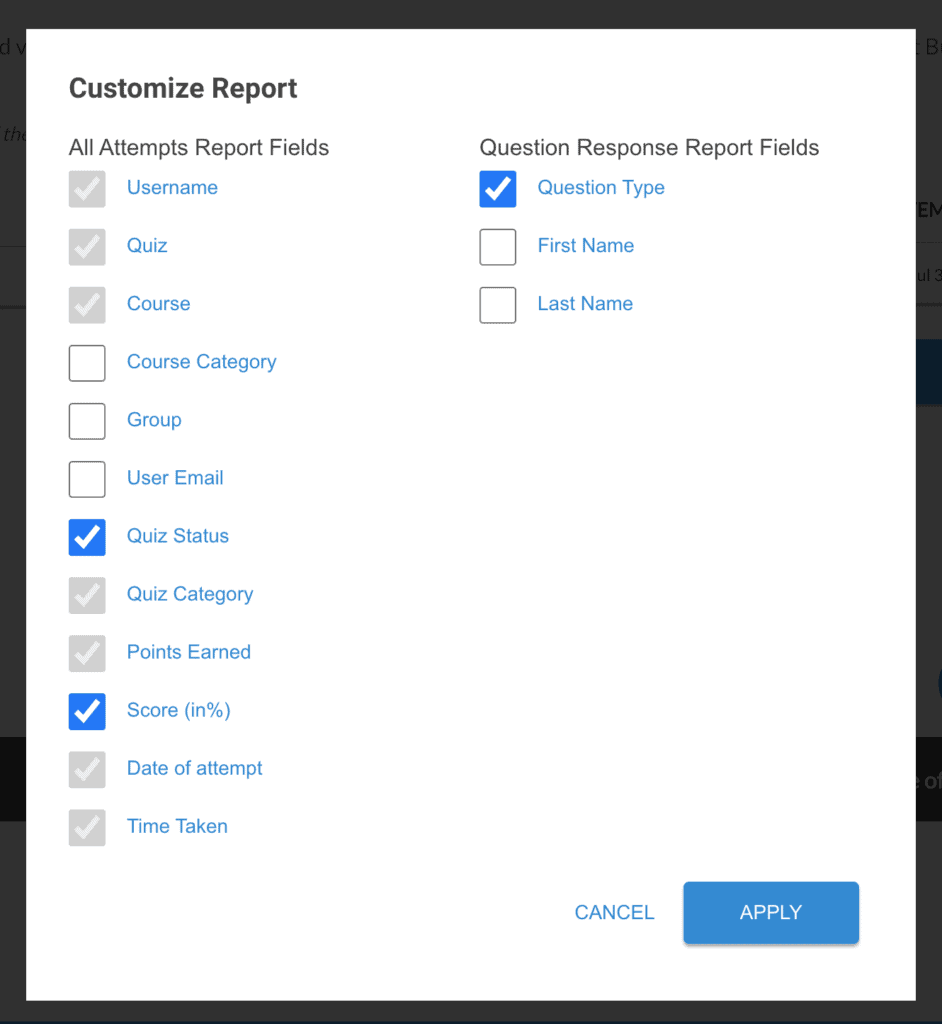 Quiz report customization options for Wisdm Reports Pro for LearnDash